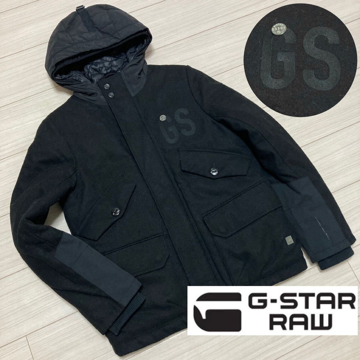 良品■G-STAR■PADDED SWITEK MIX HOODED ジャケット S 黒 ブラック 異素材切替 中綿ダウン GS刺繍 ミリタリー N3B ジースター フード