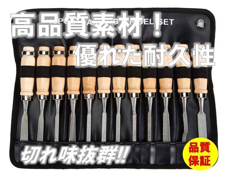 81☆高品質!使いやすい☆ ノミ 彫刻刀 12本セット 大工道具 工具 鑿 収納袋付き 削り カンナ 木工 木彫り 木像 木槌 金槌 荒削り 彫刻_画像1