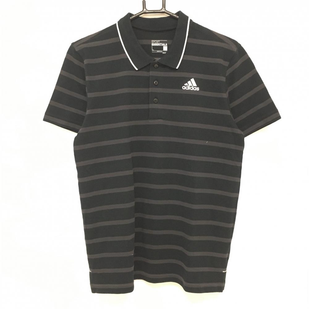 アディダス 半袖ポロシャツ 黒×グレー ボーダー メンズ L ゴルフウェア adidas_画像1