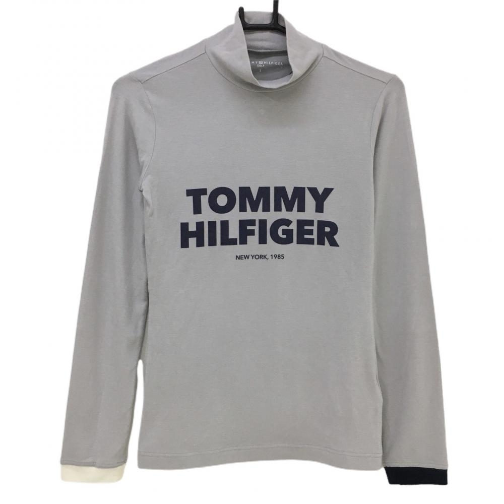 【美品】トミーヒルフィガー 長袖ハイネックシャツ グレー×ネイビー ロゴプリント レディース S ゴルフウェア Tommy Hilfiger Golf_画像1