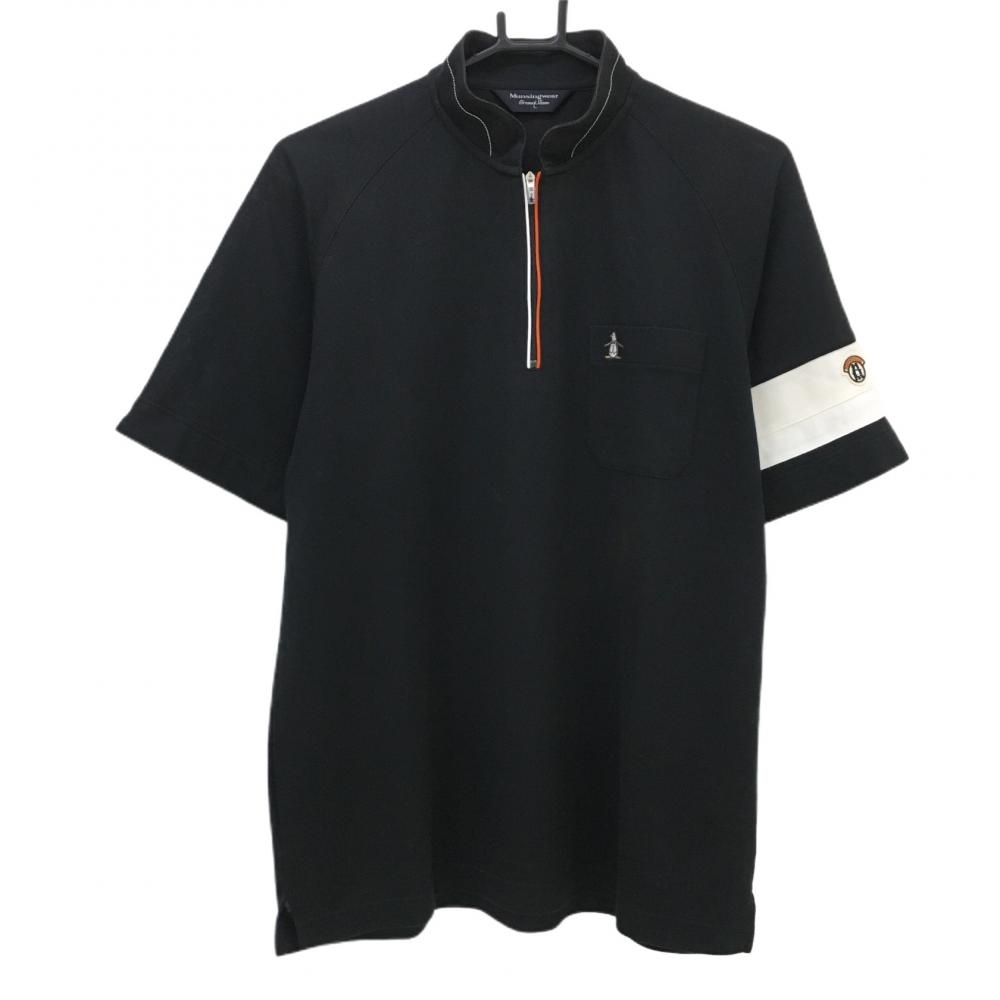マンシングウェア 半袖ハイネックシャツ 黒×白 ロゴ刺しゅう ハーフジップ メンズ L ゴルフウェア Munsingwear_画像1