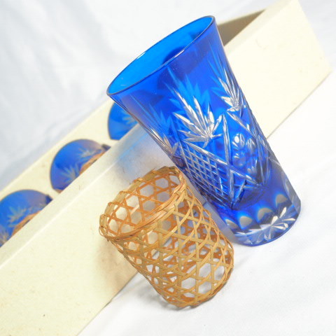 未使用 切子 グラス 5客セット 高さ約10cm 藍色 一口ビール コップ/60サイズ_画像2