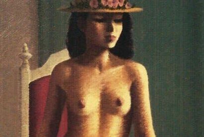 ◆佐藤カツヤ「花帽子の裸婦」オフセット複製・木製額付・即決◆_花帽子の裸婦