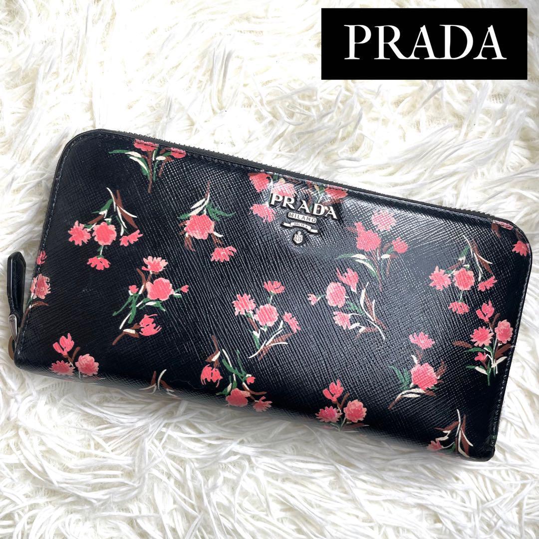 美品 入手困難 / PRADA プラダ フラワープリントジッピーウォレット 長財布 サフィアーノレザー ブラック ピンク 花柄 1ML506_画像1