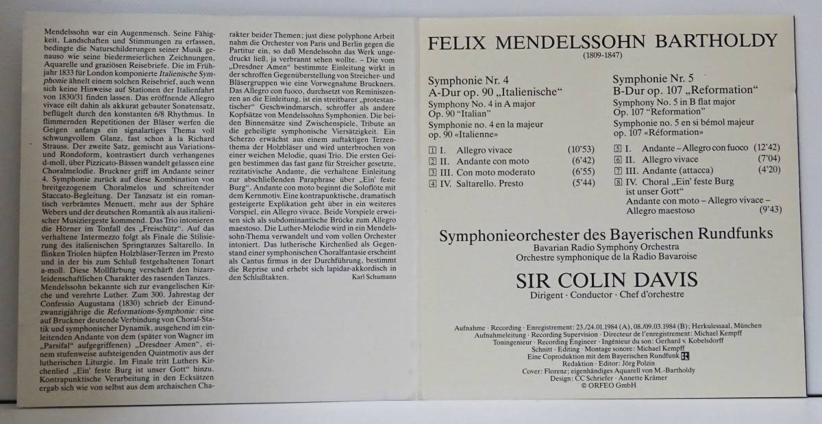 メンデルスゾーン　交響曲第3番　第4番　第5番　コリン・デイヴィス指揮　バイエルン放送交響楽団　1CD×2枚_画像6