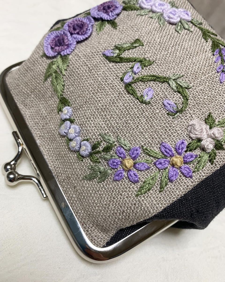 ※訳あり※ 100円スタート 【手刺繍 の ハンドメイドがま口ポーチ 】+リネン+角形10センチ口金_画像7