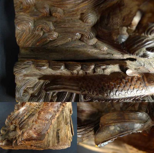 N322 天然杉材 大型古材 一刀彫『流水二尾の上り鯉』 細密彫刻 置物 飾り物 木工芸/140_画像9