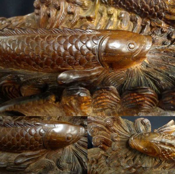N322 天然杉材 大型古材 一刀彫『流水二尾の上り鯉』 細密彫刻 置物 飾り物 木工芸/140_画像8