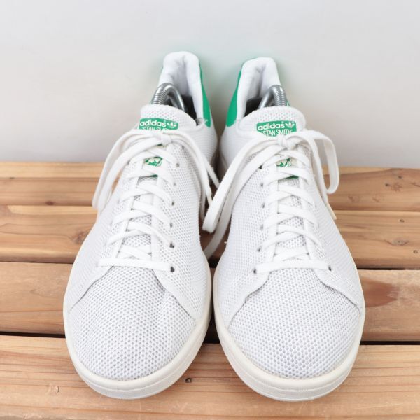 z493 アディダス スタンスミス US9 1/2 27.5cm/白 ホワイト 緑 グリーン メッシュ adidas STAN SMITH メンズ スニーカー 中古_画像2