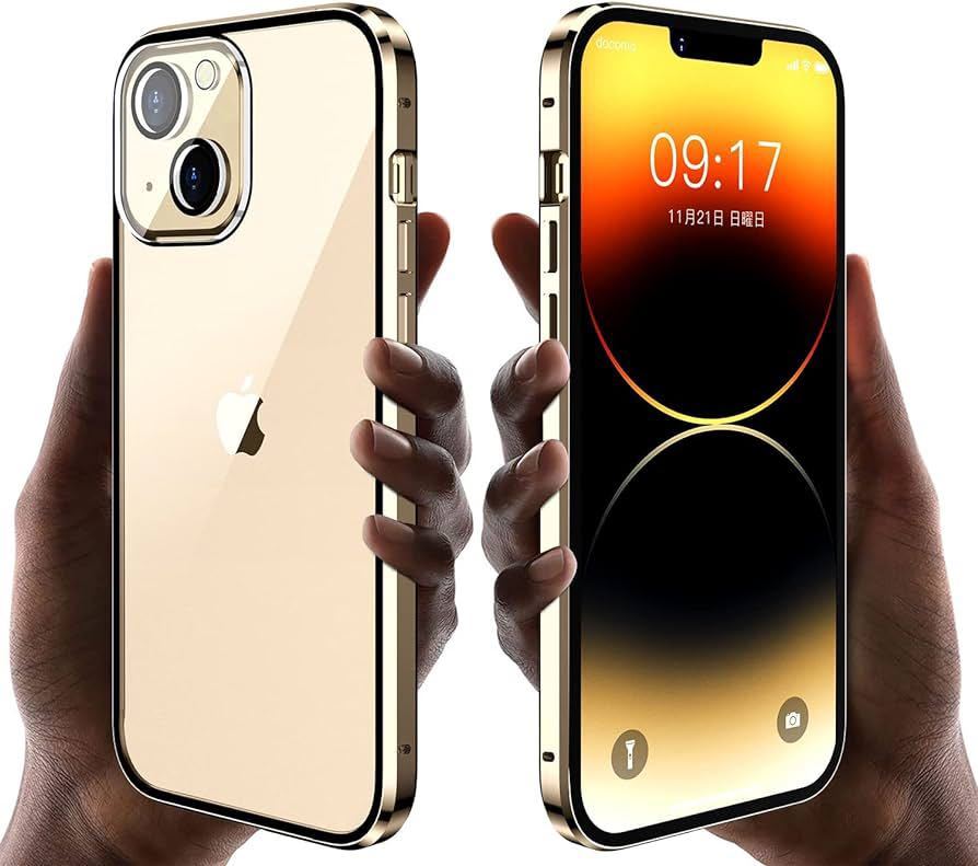 送料無料 iPhone14 Plus用 ケース レンズ保護フイルム ２点セット ロック式 9H強化両面ガラス 360°全面保護 アルミ バンパー ゴールドの画像1