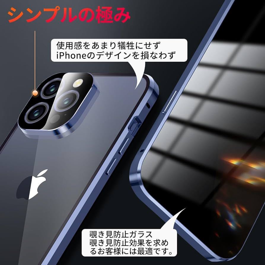 送料無料 iPhone15 Pro 用 ケース 「ロック式」「前面覗き見防止+背面クリア+一体型レンズ保護」クリア 「透明両面９Ｈ強化ガラス」ブルー_画像4