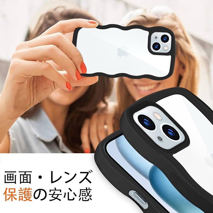 送料無料 iPhone 15 Plus 用 ケース クリア 全面保護 人気 韓国 かわいい スマホケース 滑り止め 薄型 耐衝撃 TPU レンズ保護 ブラックの画像3
