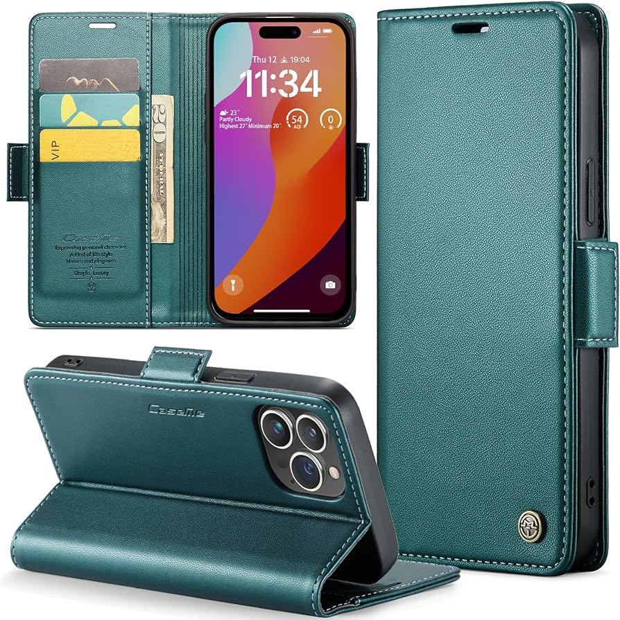 送料無料 iPhone 15 Pro Max 用 ケース 手帳型 財布型 カードポケット付き アイフォン カバー カード収納 Uovon スマホケース ターコイズ