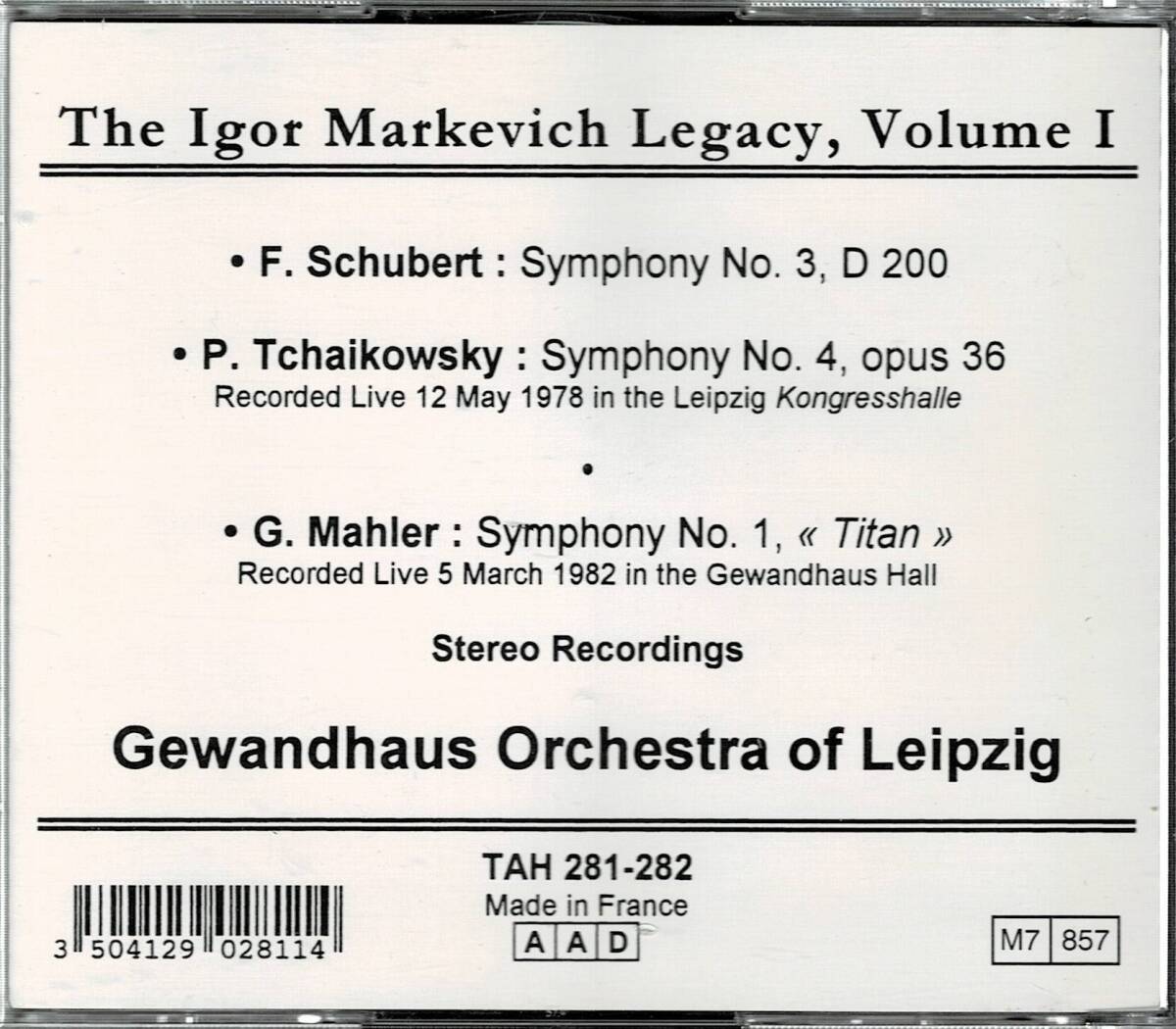 TAHRA マルケヴィッチ/マーラー「巨人」,チャイコフスキー,シューベルト(2CD)の画像2