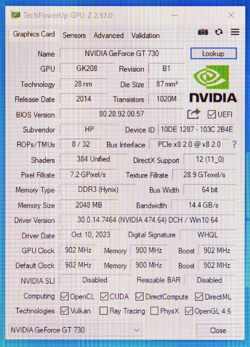 A9208 NVIDIA GeForce GT 730 DDR3 2GB ロープロファイル 中古 動作確認済 グラフィックボード GPU DisplayPort x1 DVI-I PCI-Express ×8_画像10