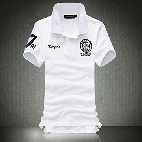 【M 白】 刺繍 半袖 ポロシャツ メンズ ホワイト ゴルフウェア シャツ シンプル カジュアル 春 夏 2