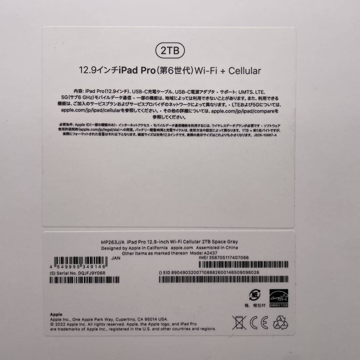 【新品未使用】Apple iPad Pro 12.9インチ（第6世代） Cellular 2TB スペースグレイ MP263J/A 訳あり