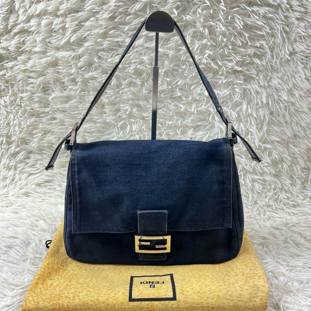 1円●美品●FENDI フェンディ デニム マンマバケット ワンショルダーバッグ ハンドバッグ シルバー金具 FFバックル ネイビー レディース_画像1