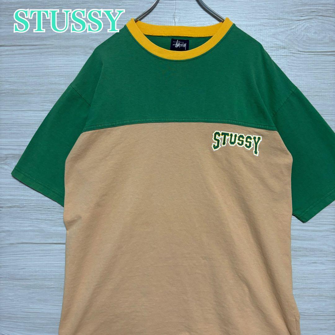 【入手困難】STUSSY ステューシー　Tシャツ　Lサイズ　紺タグ　90s USA 両面デザイン　ワンポイントロゴ　ストリート 即完売 マルチカラー
