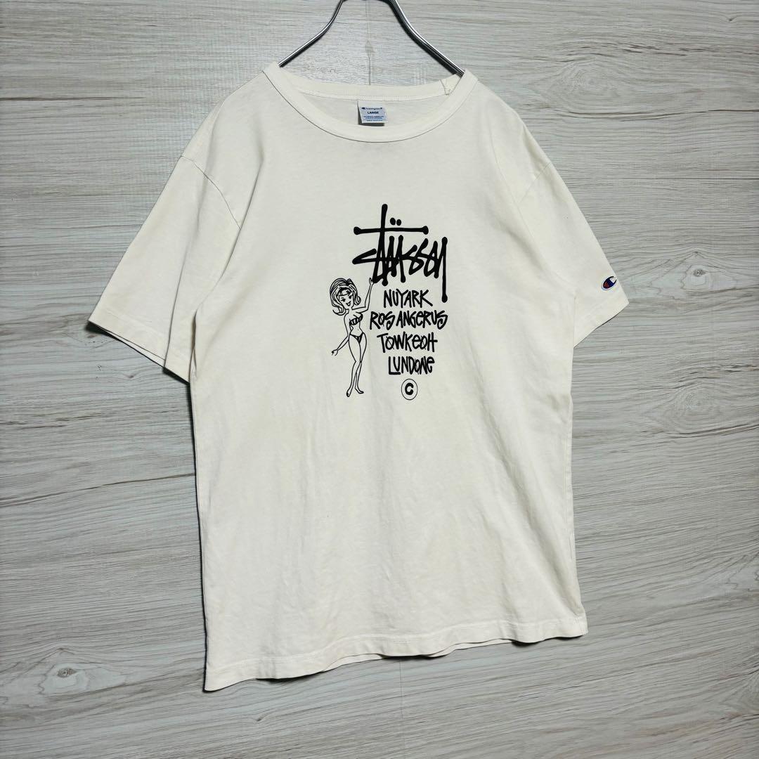 【人気コラボ】STUSSY ステューシー × champion チャンピオン　コラボTシャツ　Lサイズ　ガール　センターロゴ　人気　ストリート　一点物_画像4