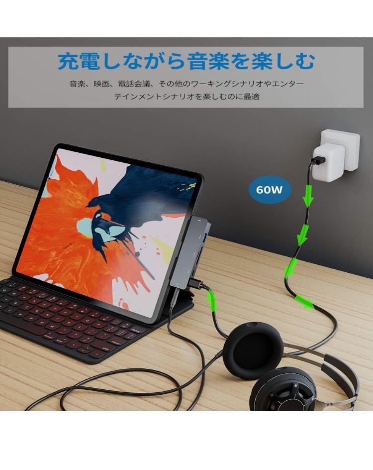 3XI iPad Pro 2020 2018 USB C ハブ 【7in1】iPad Air 4 ハブ 4K HDMI 出力 60W PD充電 USB3.0 ハブ SD/TFカードリーダー 3.5mmジャックの画像9