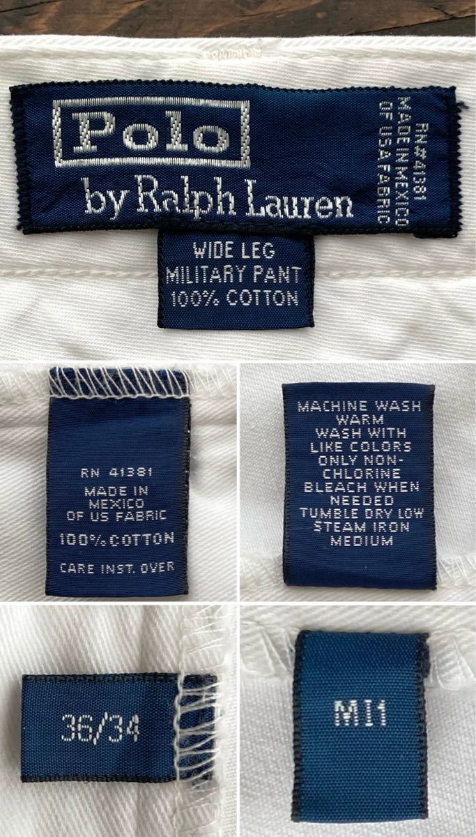 90s【Polo Ralph Lauren】 “ワイドレッグ ミリタリー パンツ” ホワイト チノパン W36 L34 ボタンフライ 極太パンツ/ラルフローレンRRL白_画像5