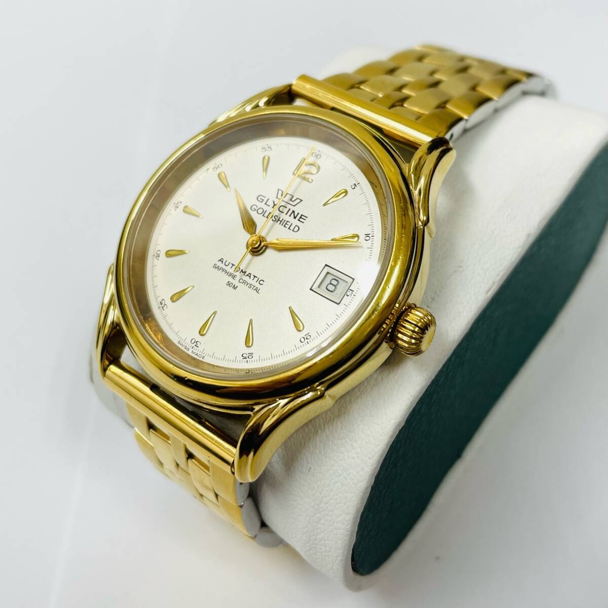 C-02261SI 【希少】 GLYCINE グリシン GOLDSHIELD AUTOMATIC AT オートマ 裏スケルトン サファイアクリスタル 50M メンズ腕時計 稼働品の画像2