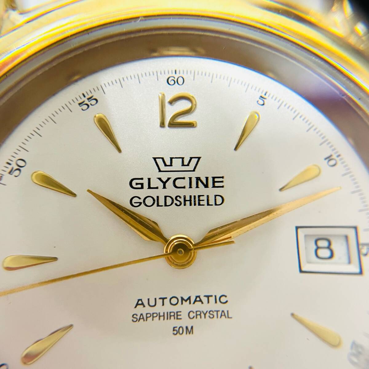 C-02261SI 【希少】 GLYCINE グリシン GOLDSHIELD AUTOMATIC AT オートマ 裏スケルトン サファイアクリスタル 50M メンズ腕時計 稼働品の画像4