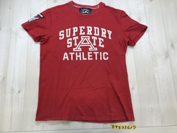 SUPER DRY メンズ かすれロゴプリント ワッペン付き 半袖Tシャツ 大きいサイズ XL 赤_画像1