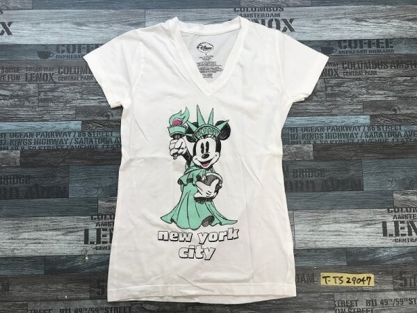 DISNEY STORE ディズニーストア レディース 自由の女神ミニー Vネック ラメプリント 半袖Tシャツ S 白_画像1