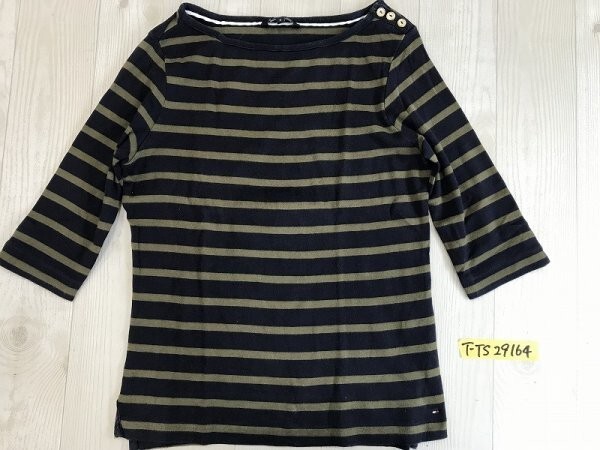 TOMMY HILFIGER トミーヒルフィガー レディース ボーダー 金ボタン 五分袖カットソー M 紺カーキ_画像3