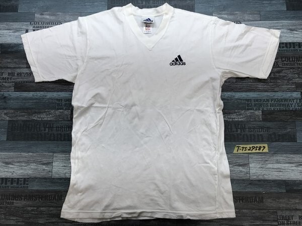 ADIDAS アディダス メンズ ロゴプリント Vネック 半袖Tシャツ O 白の画像1