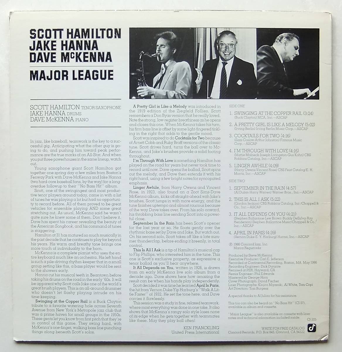 ◆ SCOTT HAMILTON- JAKE HANNA - DAVE McKENNA / Major League ◆ Concord Jazz CJ-305 ◆_画像2
