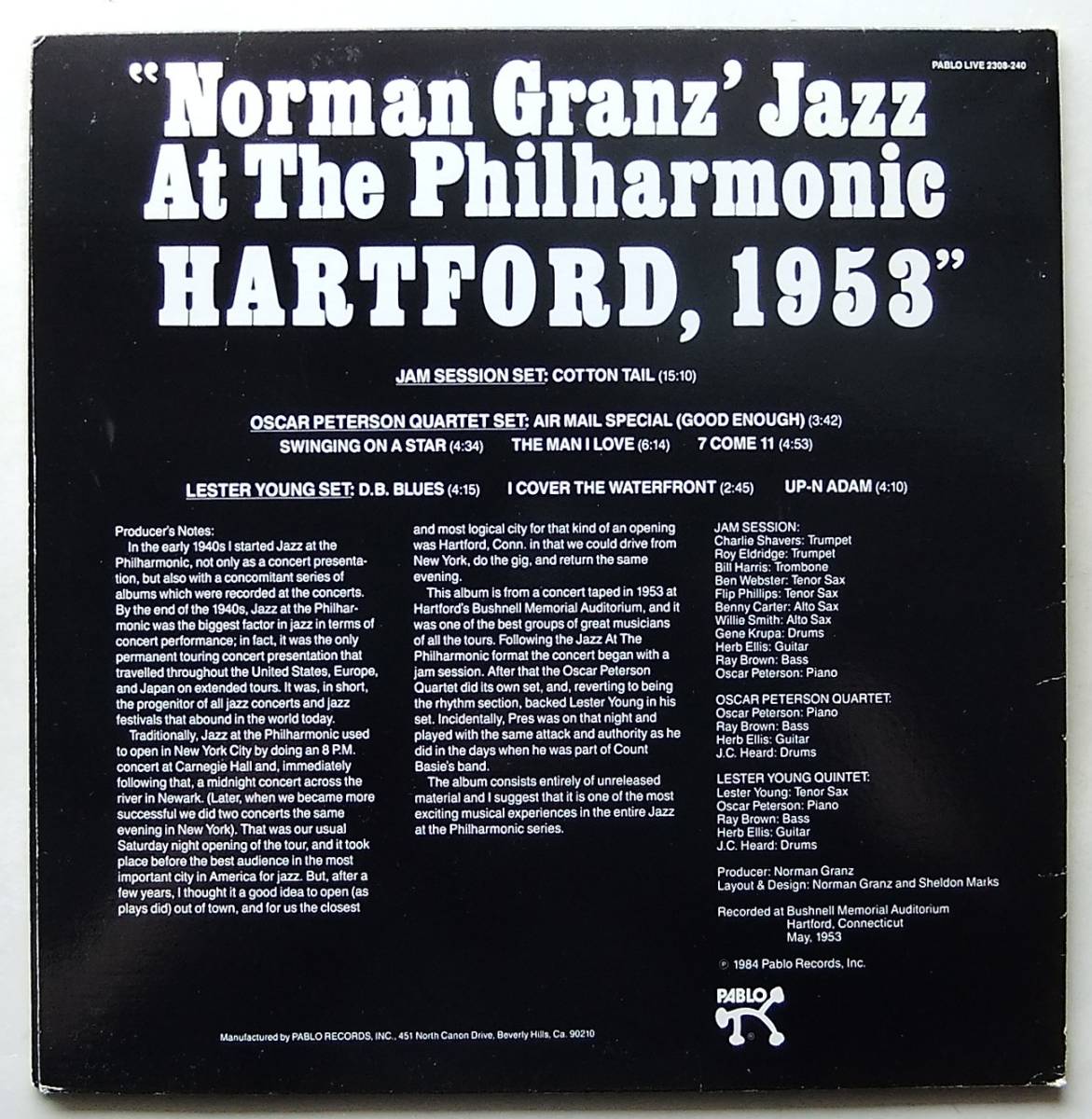 ◆ NORMAN GRANZ Jazz at The Philharmonic Hartford, 1953 ◆ Pablo 2308-240 ◆_画像2
