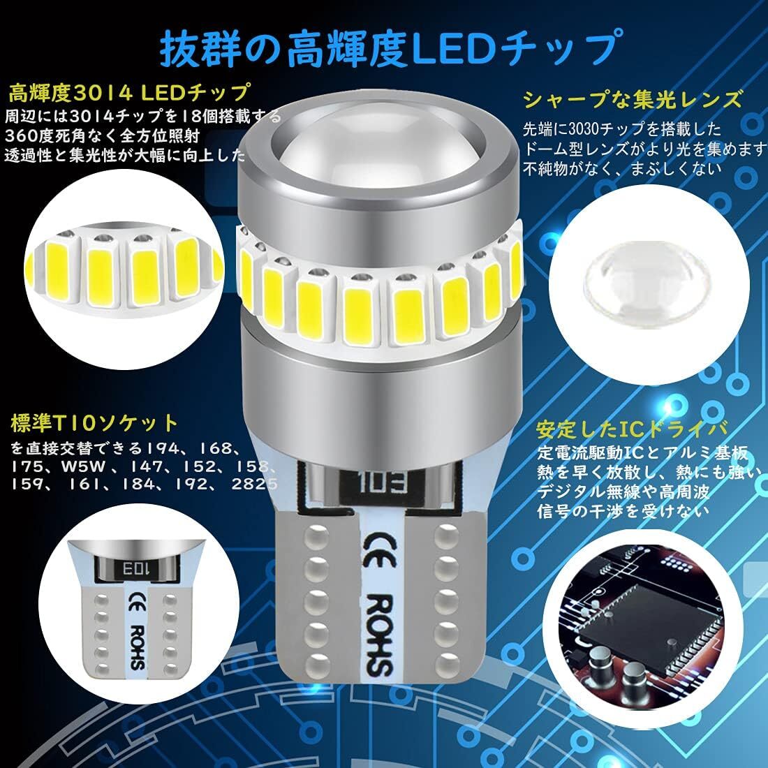 T10 led ホワイト 爆光 最新型レンズ集光 無極性 ポジションランプ 19個のLEDチップ搭載 360°無死角照射 DC 1の画像2