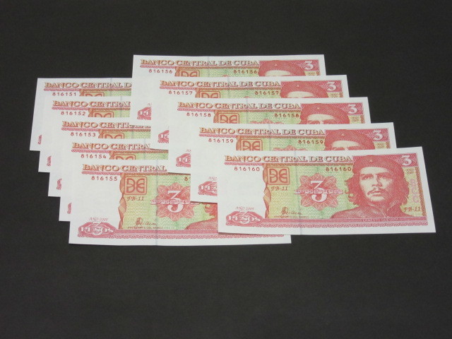 キューバ 3 Pesos札 コレクション向きのピン札 10枚連番セット 甘い未使用 2004年 チェ・ゲバラ #FA-16 854971～854980_参考画像