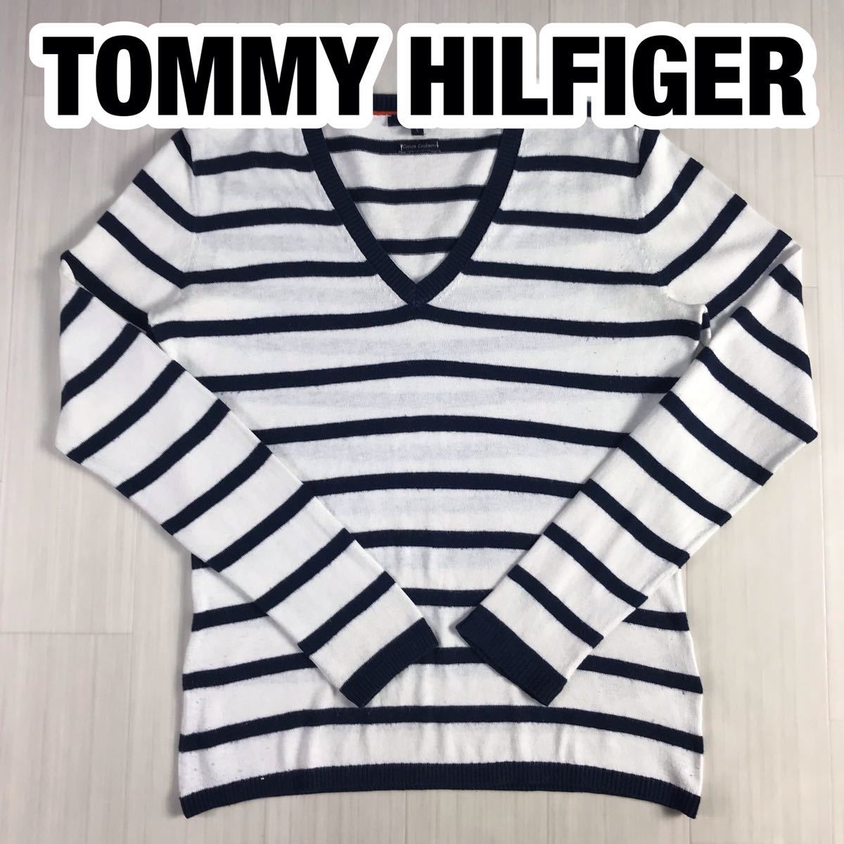 TOMMY HILFIGER トミー ヒルフィガー 長袖ニット セーター S ボーダー柄 ホワイト×ネイビー Vネック 刺繍ロゴ_画像1