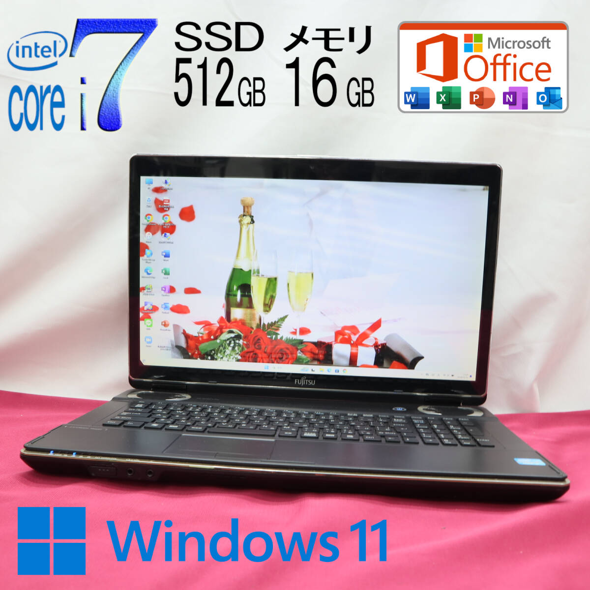 ★美品 最上級4コアi7！新品SSD512GB メモリ16GB★N77E Core i7-2670QM Win11 MS Office2019 Home&Business 中古品 ノートPC★P66886_画像1