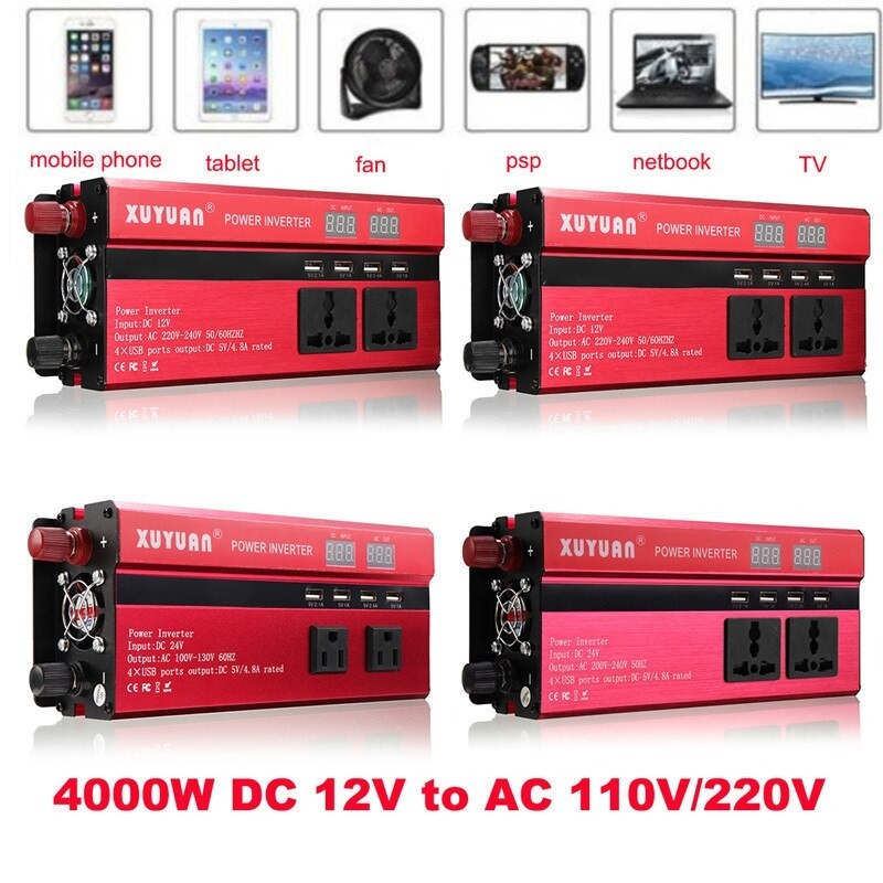 【最安！送料一律！】 ソーラー インバーター 12V 24V 出力 AC 110V 220V 4000W 電圧コンバーター 変圧器 充電器 赤　車 オートバイ_画像6