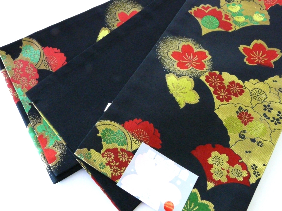ジュニア袋帯 ポリエステル 黒 いちょう 桜 菊 仕立て上り 七五三 012