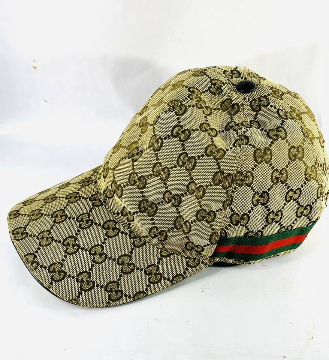 ◇1円 ★ GUCCI グッチ シェリーライン GG柄ベースボールキャップ帽子 ベージュ GGキャンバス M58cm 販売レシート付_画像1