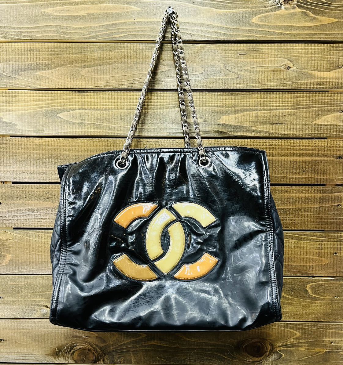 ◇1円 ★ CHANEL シャネル ココマーク トートショルダーバッグ チェーンショルダー エナメル ブラック Gシール_画像1