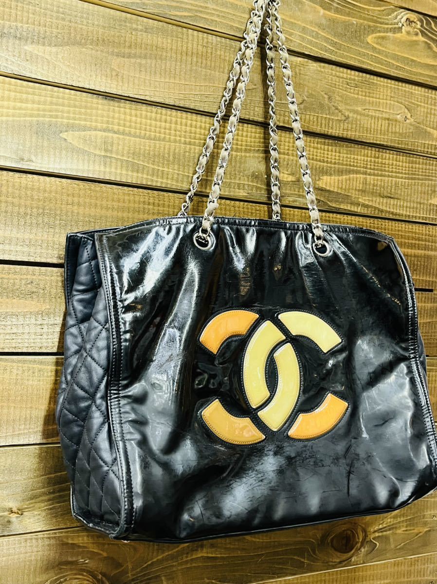 ◇1円 ★ CHANEL シャネル ココマーク トートショルダーバッグ チェーンショルダー エナメル ブラック Gシール_画像2