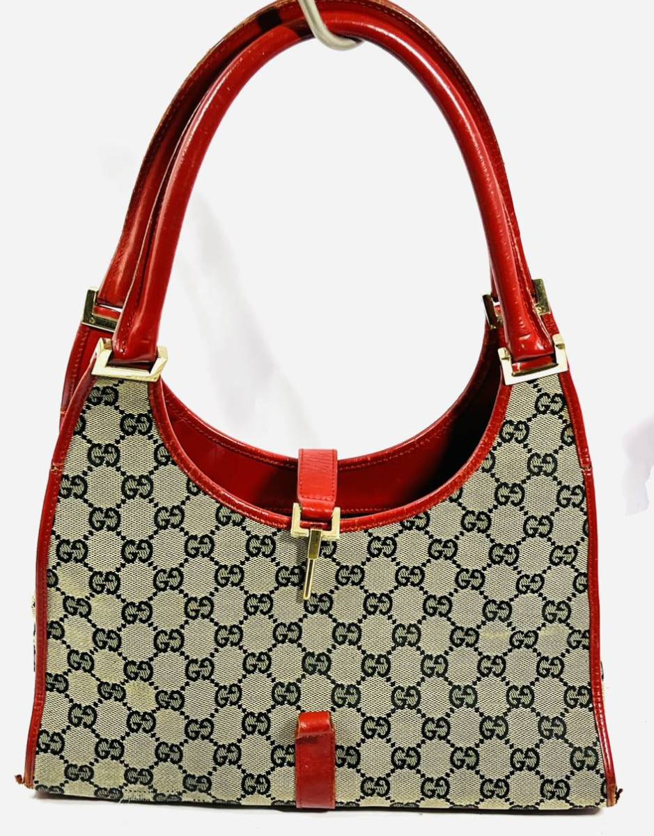 ◇1円 ★ GUCCI グッチ GGキャンバス ショルダーバッグ 肩掛け ジャンク赤×ベージュ002 1067 1705_画像1