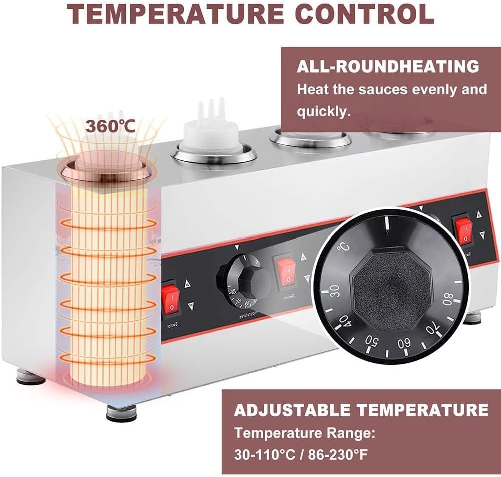 温度調節可能な電気ソースウォーマー、30-85℃電気チーズソースウォーマー、絞り器付き1/2/3/4グリッドソースウォーマー650ml/ボトル 4_画像3