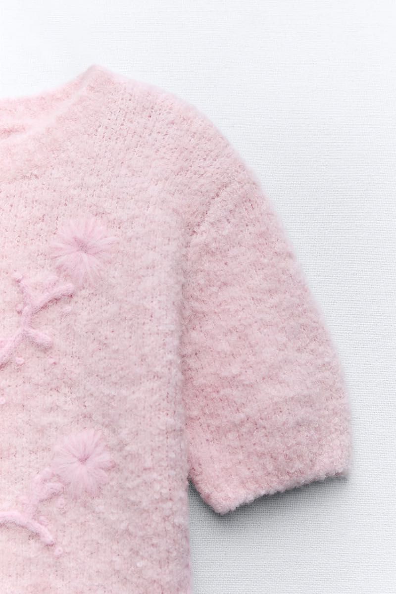 ZARA フラワー 刺繍 モチーフ ニットセーター ピンク S 花 桜 ZARA フラワー 刺繍 モチーフ ニットセーター ピンク S 花 桜