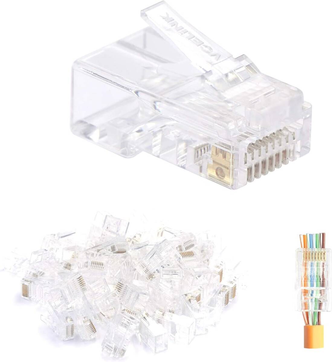 VCE 貫通式 RJ45 コネクタ CAT5E CAT5 LANコネクタ 100個セット 配線簡単 爪折れにくい_画像1