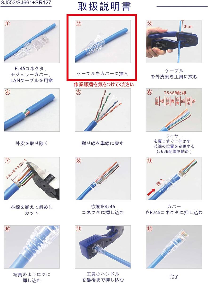 VCE 貫通式 RJ45コネクタ+保護カバー CAT6、CAT5E、CAT5 LANケーブル用 配線簡単 爪折れ防止 23-26A_画像9