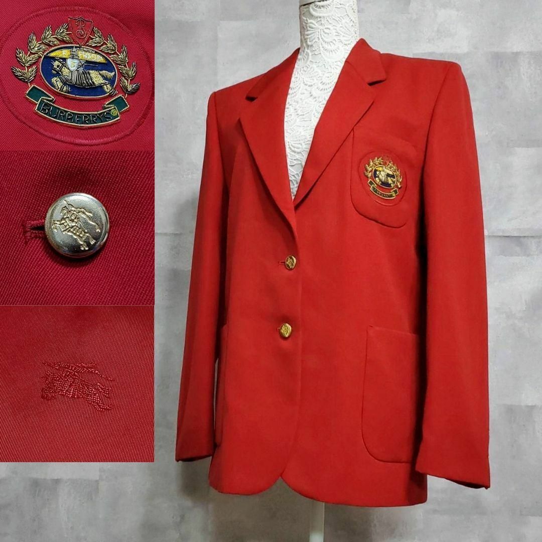 美品 XL バーバリー ウール100 ブレザー 金ボタン エムブレム イングランド製 赤 アップリケ テーラード ジャケット 大きいサイズ レッド
