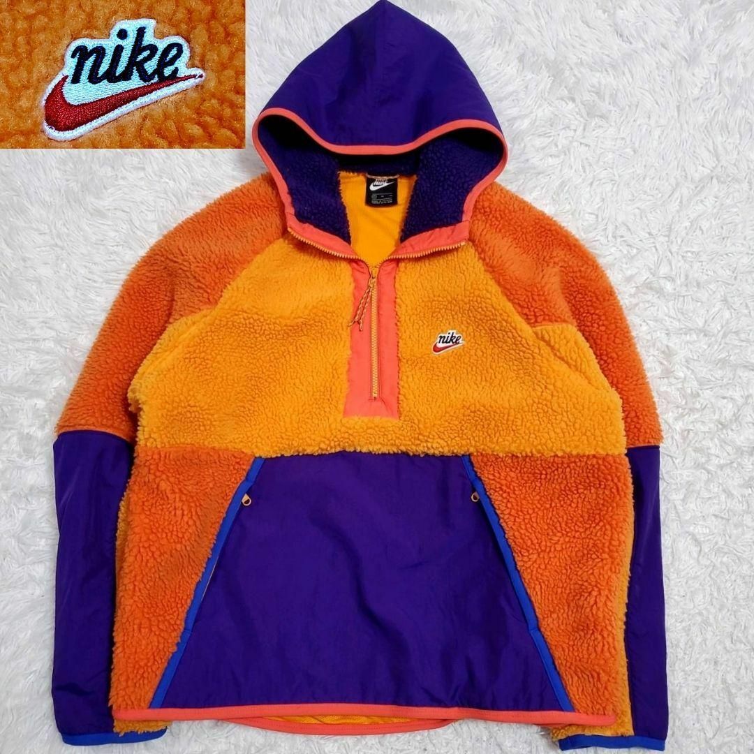 美品 XL ナイキ パーカー 刺繍ロゴ トレーナー ボア フリース オレンジ NIKE 2L LL スウォッシュ フーディー ゆめまる着用 ブルゾン_画像1